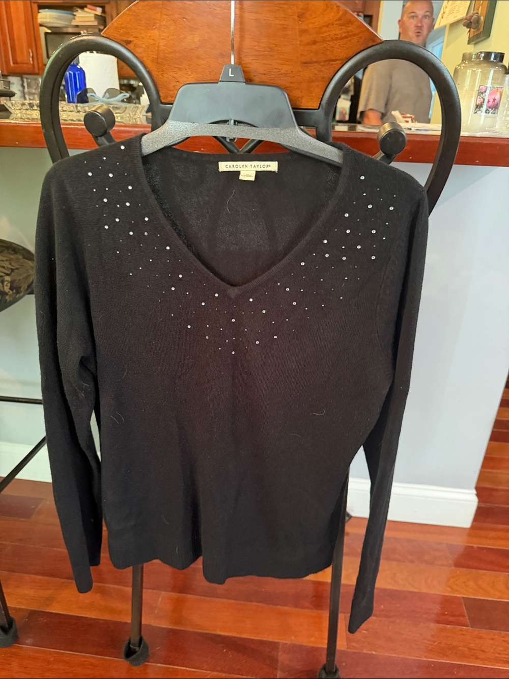 Carolyn Taylor Black Long-Sleeve V-Neck Sweater with Rhinestone Accents